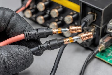 Aufkleber - Close-up view of hands connecting electrical wires to a device during a circuit assembly task in a workshop