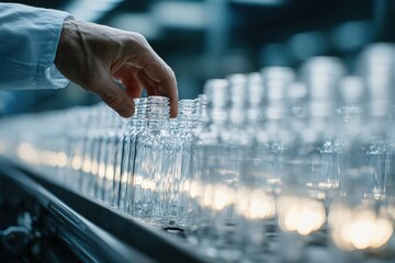 Poster - Hand selecting glass bottles on a production line in an industrial setting during daylight hours