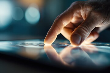 Poster - Close-up of a hand interacting with a touchscreen device in a dimly lit environment