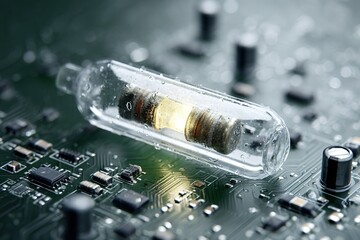 Aufkleber - Innovative technology featuring a glowing glass capsule on a circuit board during a detailed electronic exploration