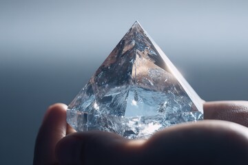 Poster - Hand holding a translucent crystal pyramid showcasing reflections and light play in a dimly lit environment