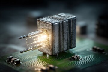 Poster - Intricate circuit board with glowing component illuminating its surroundings in a dimly lit environment