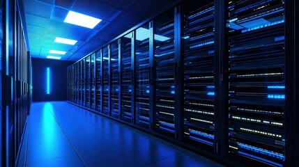 Poster - Advanced data center interior with illuminated blue server racks and glossy tiled floors, perfect for cloud storage, IT security, and network infrastructure projects