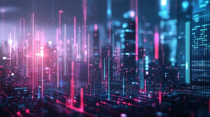 Poster - Dynamic cityscape at night showcasing vibrant soundwave graphs with blurred lights in the background : Generative AI