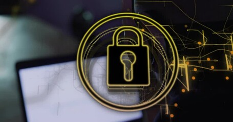Poster - Cybersecurity pro typing at laptop initiating golden padlock and glowing circuits encrypting data