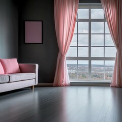 Wall Mural - Elegant Modern Living Room with Pink Curtains