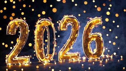 Poster - Golden glitter numbers 2026 with burning sparkles on a dark background with blue smoke and bokeh lights, perfect for new year's celebrations and futuristic events