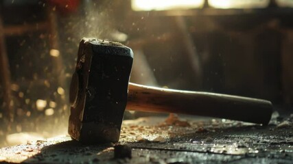 Poster - A close-up shot of a hammer striking a piece of wood on a table