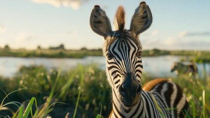 Poster - A close-up view of a zebra standing among tall grass, perfect for wildlife or nature-themed projects