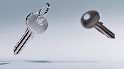 Poster - Shiny metal keys gently suspended in the air. The design is sleek and modern. Perfect for illustrations about security and access. Capture essential imagery for your projects. AI
