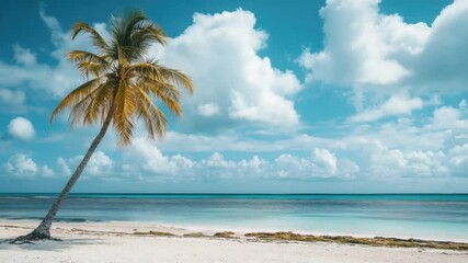 Poster - A solitary palm tree stands on a sandy beach, overlooking the vast ocean