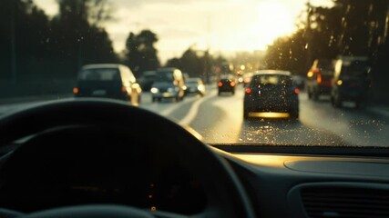 Poster - A vehicle travels along a bustling urban road