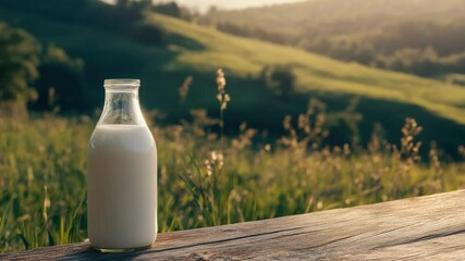 Poster - A single milk bottle sits on a rustic wooden table, ready for use