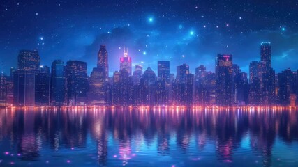Poster - Nighttime city view with starry sky, suitable for urban landscape or evening mood illustrations