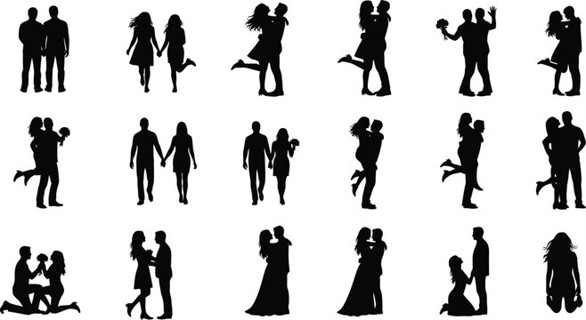 Silhouette collection of couples in various poses depicting love affection and relationships isolated on white