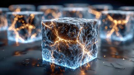 Poster - Luminous ice cube with electric energy patterns on a dark surface