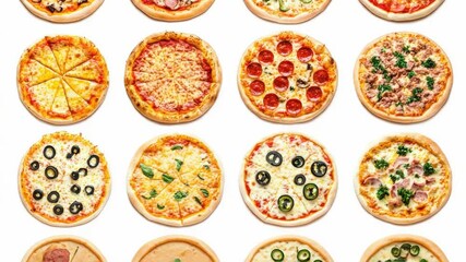 Poster - Piles of various pizzas on a clean white surface, great for food or lifestyle images