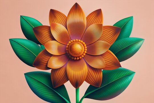 Stylized orange flower with lush green leaves