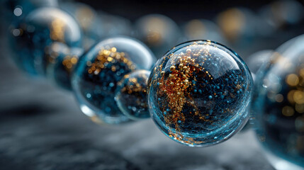 Poster - Close-up of transparent spheres filled with golden and dark particles, resembling molecular structures