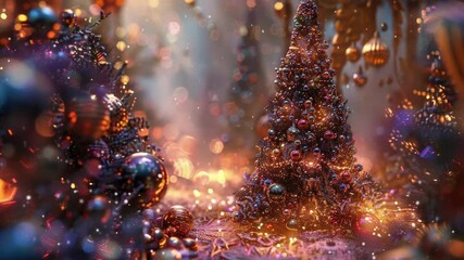 Poster - A small Christmas tree decorated with colorful ornaments and lights