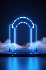 Poster - Neon arch in dark blue lights room with clouds. Abstract background for party stage or product display.