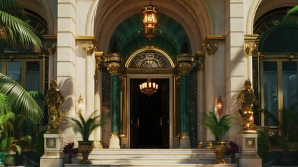 Aufkleber - A modern building with a golden door surrounded by lush greenery