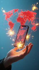 Poster - Smartphone displaying global connectivity with sparkling effects and futuristic technology concept