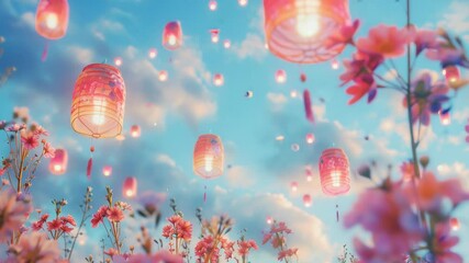 Poster - A serene scene featuring a field of flowers under a starry night sky with lanterns