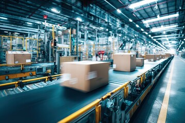 Poster - Automatic conveyor belt transports packages in modern warehouse during peak operational hours
