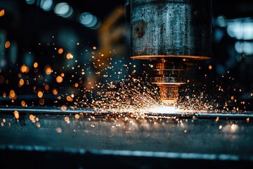 Poster - Welding sparks fly as precision cutting tool shapes metal in industrial workshop during daytime