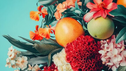 Poster - A colorful arrangement of fresh flowers and fruits on a blue background, perfect for decorative or illustrative purposes