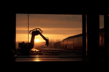 Poster - Industrial robotic arm silhouetted against a vibrant sunrise over a manufacturing facility