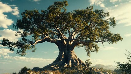 Poster - A large tree sits atop a rocky hill, surrounded by lush greenery