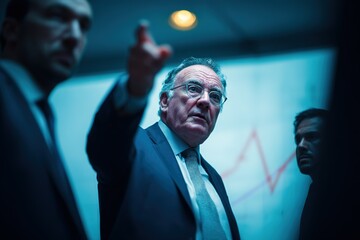 Poster - Business leaders strategize during a meeting in a modern conference room late at night