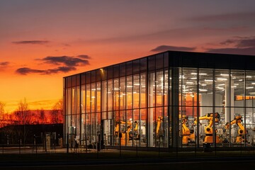 Poster - Robotic assembly facility illuminated by sunset showcasing advanced manufacturing technology