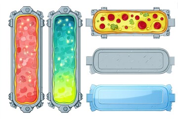 Poster - Colorful containers filled with vibrant substances and a pizza-themed display in a digital art setting