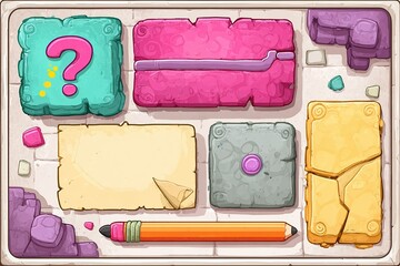 Poster - Colorful game interface featuring various textured blocks and a pencil on a light background
