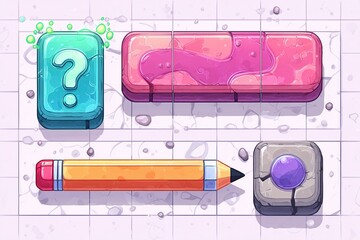 Poster - Colorful puzzle pieces and a pencil on a textured background in a game design setting