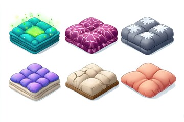 Poster - Decorative cushions in various colors and textures suitable for home decor or relaxation spaces