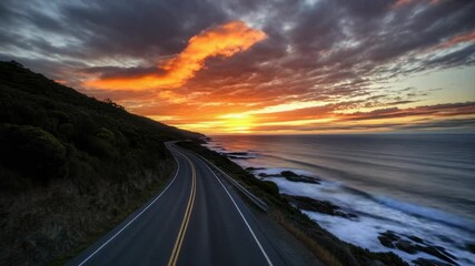 Poster - A scenic coastal road winds its way down the side of a hill, overlooking the ocean