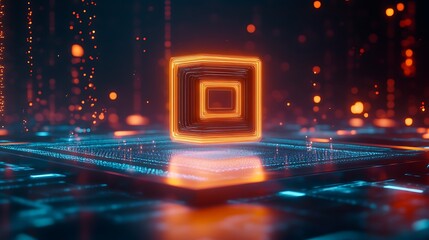 Poster -  A futuristic holographic logo floating above a holographic grid, with light particles swirling around it