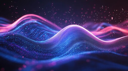 Poster - Curved Holographic Logo Floats Elegantly Above Shimmering Glassy Digital Surface

