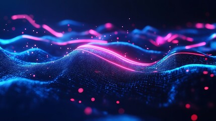 Poster - Curved Holographic Logo Gleams Smoothly Amid Gentle Digital Wave Patterns

