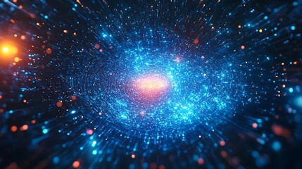 Poster - A glowing holographic logo with a minimalist design, surrounded by swirling light beams in a high-tech room