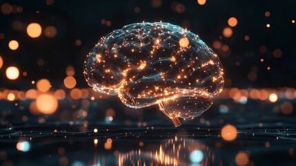 Poster - Futuristic digital brain made of glowing wires and lights floating on a dark surface with blurred abstract light background representing artificial intelligence and advanced technology concepts