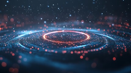 Poster - A glowing holographic logo with smooth, curved edges, set against a backdrop of digital waves and light patterns