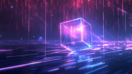 Poster - A glowing holographic logo with vibrant colors, surrounded by digital light patterns in a dark room
