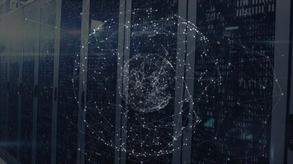 Poster - Opening server aisle, nodes forming glowing network sphere rotating, pulsing, visualizing data flow