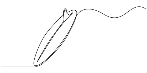 Poster - Single one line drawing Surfboard, surfer standing on beach holding surfboard., Continuous one line drawing of surfing longboard in the beach. Surfboard standing up in single line draw illustration. 