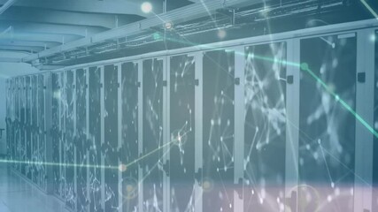 Poster - Glowing nodes starting over server cabinets animating lines drifting and pulsing showing data flow